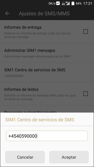 Introduzca el número de SIM Centro de servicios de SMS y seleccione Aceptar
