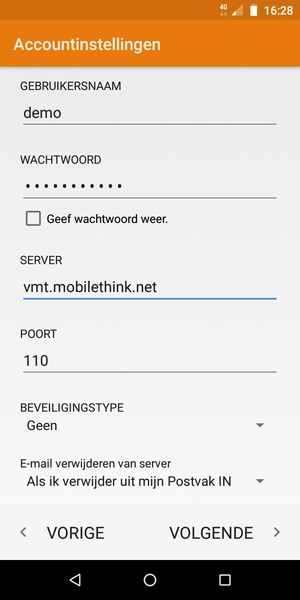 Voer Gebruikersnaam en binnenkomend serveradres in. Selecteer VOLGENDE