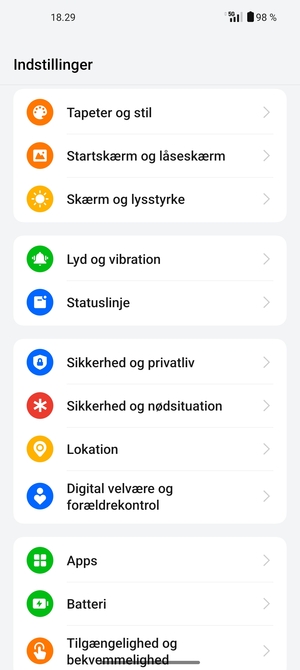 Scroll til og vælg Sikkerhed og privatliv