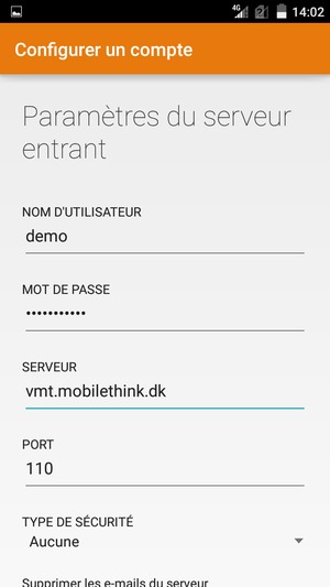 Saisissez votre Nom d'utilisateur et l'adresse du serveur entrant