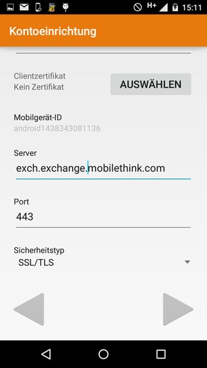 Scrollen Sie nach unten und geben Sie die Exchange Server-Adresse ein. Wählen Sie WEITER