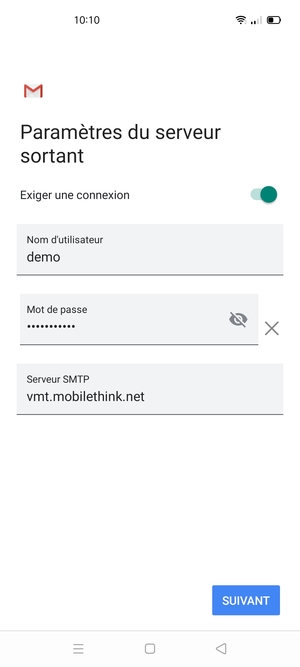 Entrez l'adresse du serveur Sortant