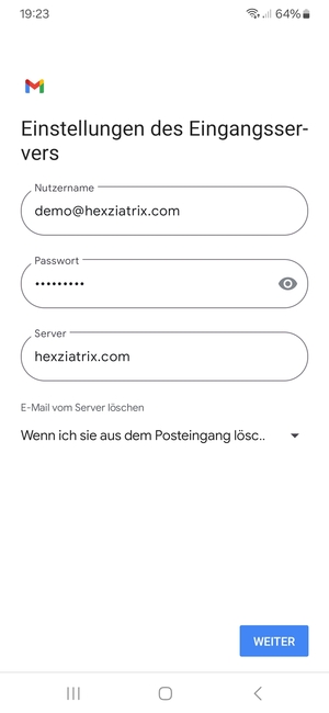 Geben Sie Benutzername und die Server-Adresse für eingehende Post ein. Wählen Sie WEITER