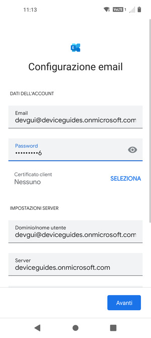 Inserisci Nome utente e l'indirizzo del server Exchange. Seleziona Avanti