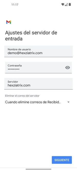 Introduzca Nombre de usuario y la dirección de servidor entrante. Seleccione SIGUIENTE