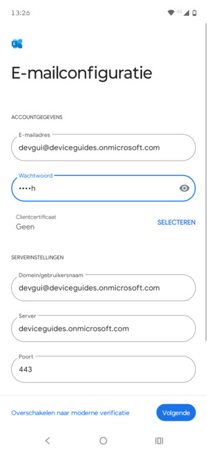 Voer Gebruikersnaam en Exchange serveradres in. Selecteer Volgende