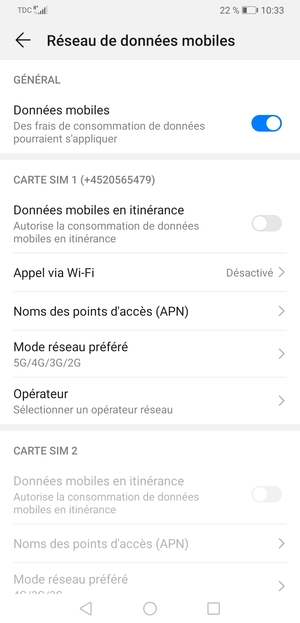 Faites défiler jusqu'à CARTE SIM 1 ou CARTE SIM 2 et sélectionnez Mode réseau préféré