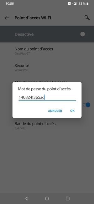 Saisissez un mot de passe de hotspot Wi-Fi d'au moins 8 caractères et sélectionnez OK