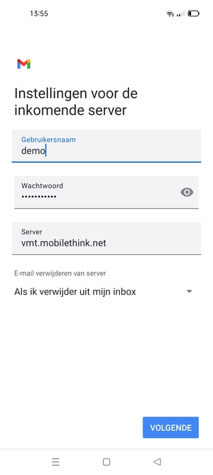 Voer Gebruikersnaam en binnenkomend serveradres in. Selecteer VOLGENDE