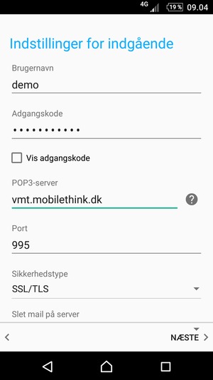 Indtast Brugernavn og indgående serveradresse