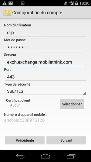 Saisissez votre Nom d'utilisateur et l'adresse du serveur Exchange. Sélectionnez Suivant