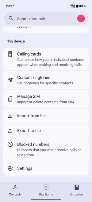 Scroll to and select Manage SIM