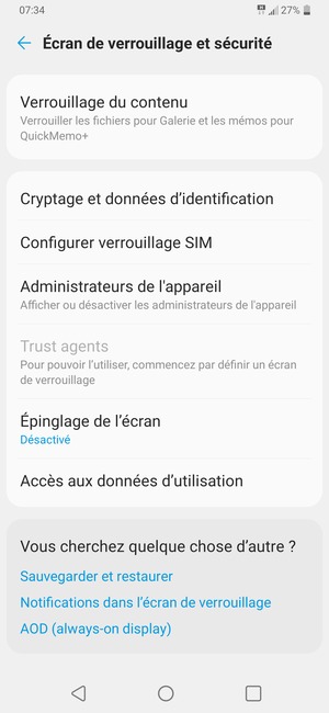Pour modifier le code PIN de la carte SIM, faites défiler et sélectionnez Configurer verrouillage SIM