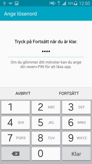 Ange en Reserv-PIN och välj FORTSÄTT