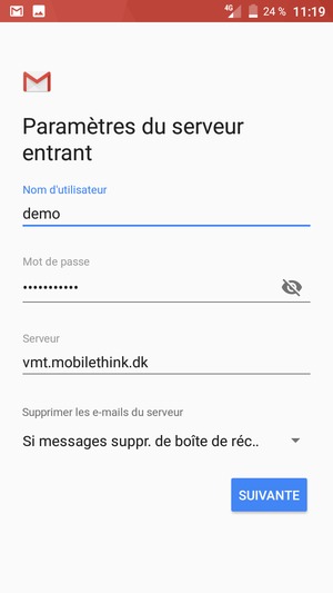 Saisissez votre Nom d'utilisateur et l'adresse du serveur entrant. Sélectionnez SUIVANTE
