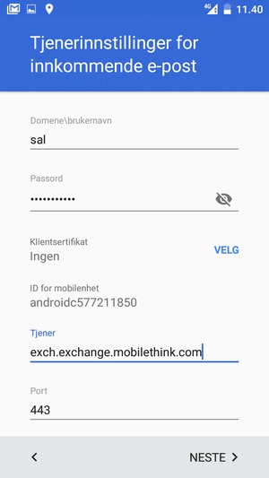 Skriv inn Brukernavn og Exchange serveradresse. Velg NESTE
