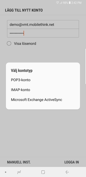 Välj POP3 account eller IMAP account