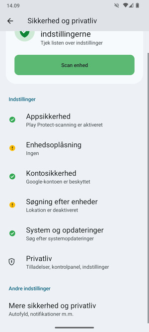 For at ændre PIN-koden til sim-kortet, gå til menuen Sikkerhed og privatliv og  vælg Mere  sikkerhed og privatliv