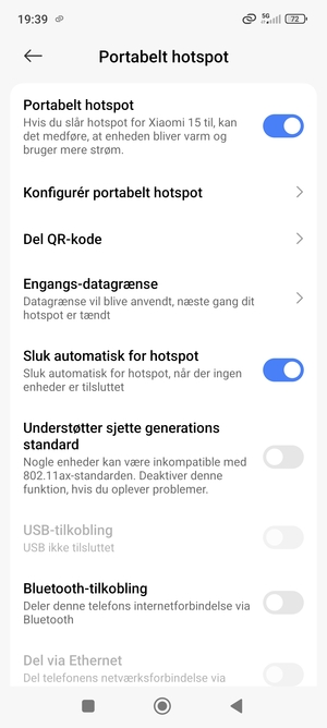 Din telefon er nu sat op til brug som modem