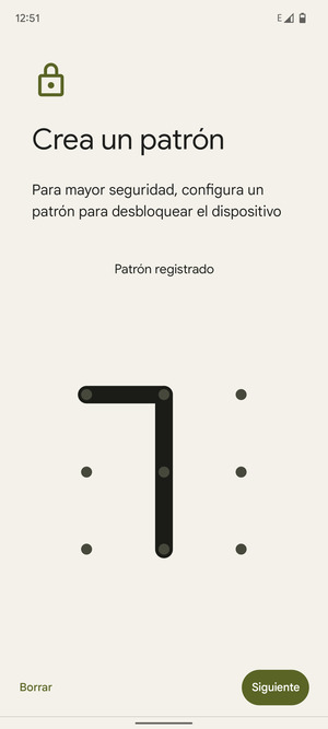 Dibuje un patrón de desbloqueo y seleccione Siguiente