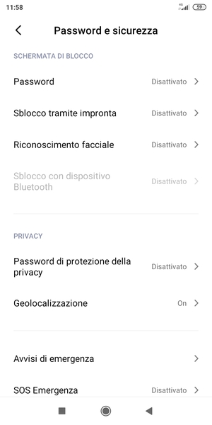 Per attivare il blocco dello schermo, vai al menu Passwords e sicurezza e seleziona Password