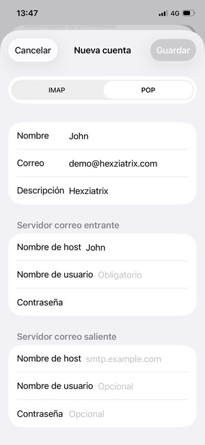 Seleccione IMAP o POP e introduzca la información de correo electrónico para Servidor correo entrante