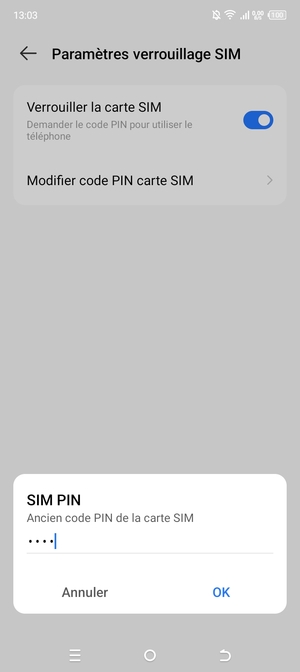 Saisissez votre Ancien code PIN de la carte SIM et sélectionnez OK