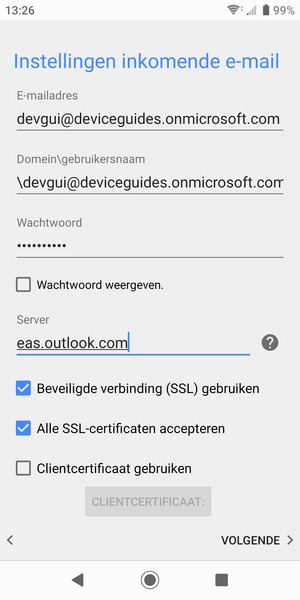 Voer Gebruikersnaam en Exchange serveradres in. Selecteer VOLGENDE