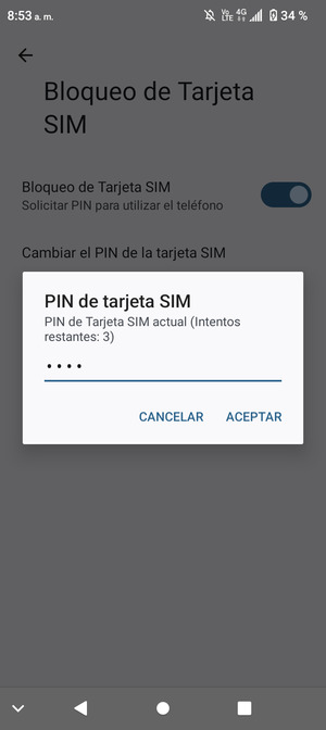 Introduzca su PIN de tarjeta SIM actual y seleccione ACEPTAR