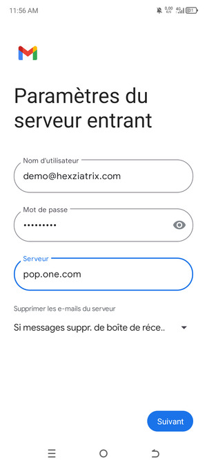 Saisissez votre Nom d'utilisateur et l'adresse du serveur entrant. Sélectionnez Suivant