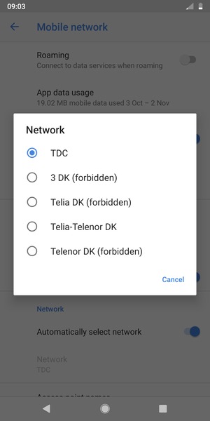 Select a network operator from the list