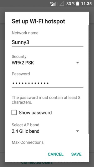 Enter a Wi-Fi hotspot password of at least 8 characters and select SAVE