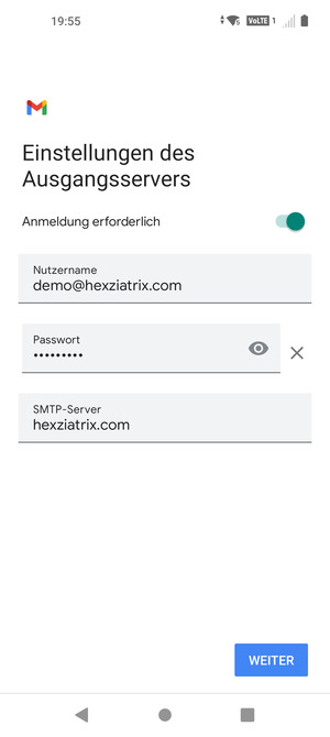Geben Sie die Server-Adresse für ausgehende Post ein und wählen Sie WEITER