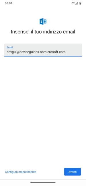 Inserisci il tuo indirizzo email e seleziona Configura manualmente