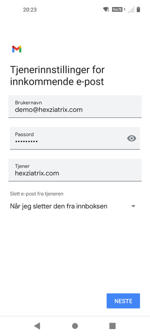 Skriv inn Brukernavn og innkommende serveradresse. Velg NESTE