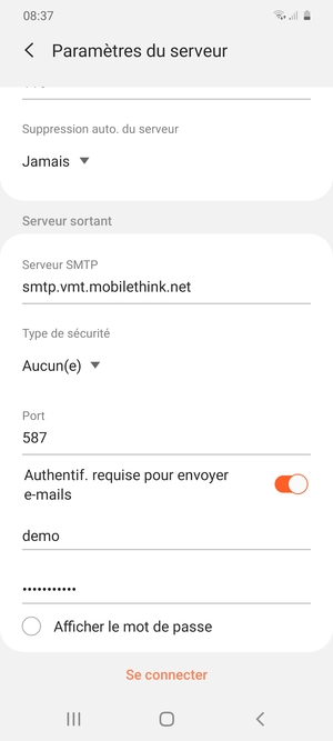 Faites défiler vers le bas et saisissez l'adresse du serveur sortant