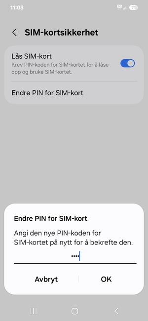 Bekreft din nye PIN-kode for SIM-kort og velg OK