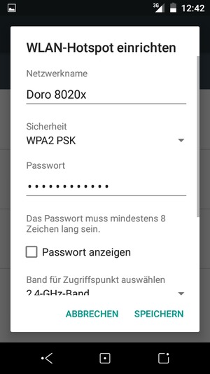 Geben Sie eine WLAN-Hotspot-Passwort mit mindestens 8 Zeichen ein und wählen Sie SPEICHERN