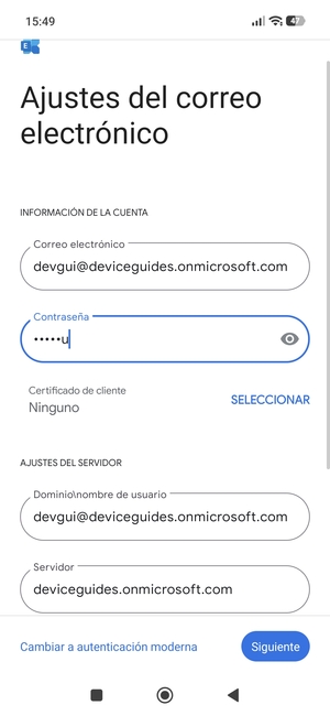 Introduzca Correo electrónico y la dirección de servidor Exchange. Seleccione Siguiente
