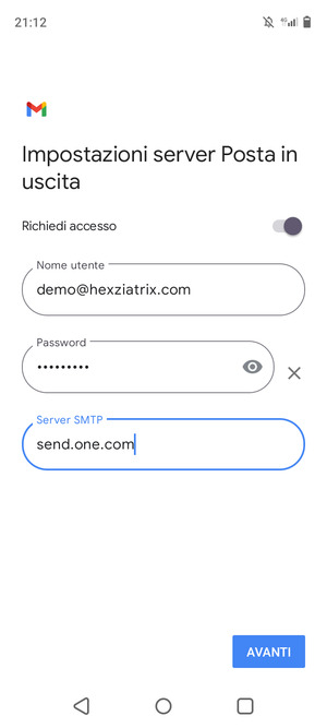 Inserisci l'indirizzo del server di posta in uscita e seleziona AVANTI