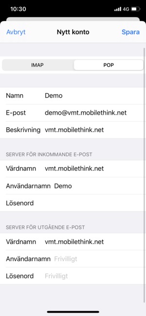 Välj POP- eller IMAP- och ange e-postinformation för SERVER FÖR INKOMMANDE E-POST