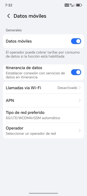 Activar o desactivar Itinerancia de datos
