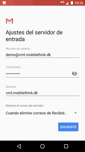 Introduzca Nombre de usuario y la dirección de servidor entrante. Seleccione SIGUIENTE