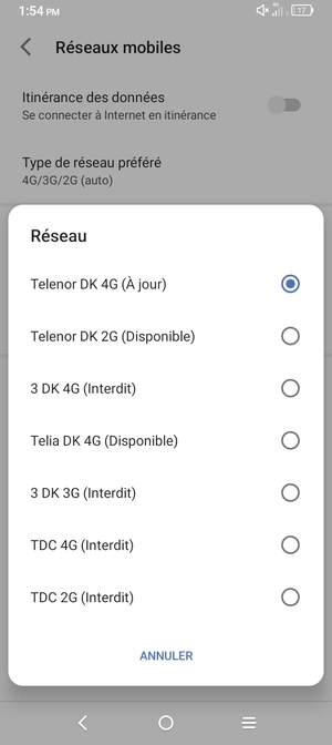 Sélectionnez un opérateur réseau dans la liste