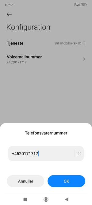 Indtast Telefonsvarernummer og vælg OK