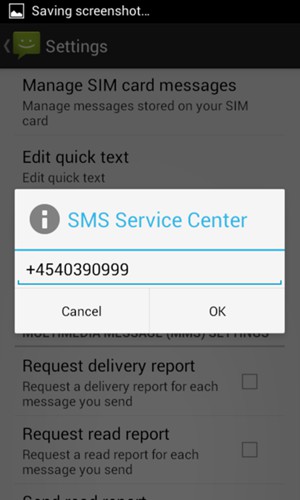Enter the SMS Service Center number and select OK