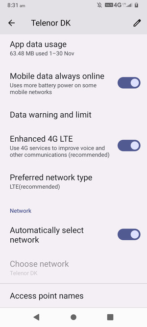 Scroll to and select Access point names