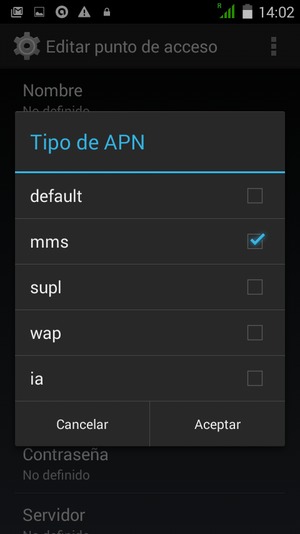 Marque la casilla de verificación mms y seleccione Aceptar