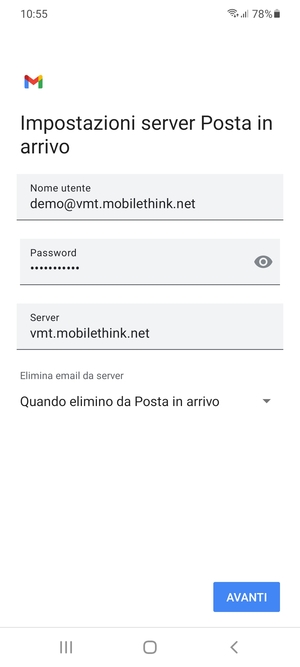 Inserisci Nome utente e l'indirizzo del server di posta in arrivo. Seleziona AVANTI