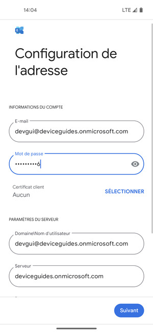 Saisissez votre Nom d'utilisateur et l'adresse du serveur Exchange. Sélectionnez Suivant